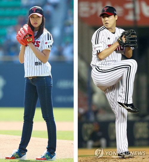 모델 한혜진(34)과 야구선수 차우찬(30)이 열애 중이다. 한혜진의 소속사 에스팀엔터테인먼트는 24일 두 사람의 열애 사실을 인정했다. 왼쪽 사진은 한혜진이 지난 4월 23일 잠실야구장에서 시구하는 모습.